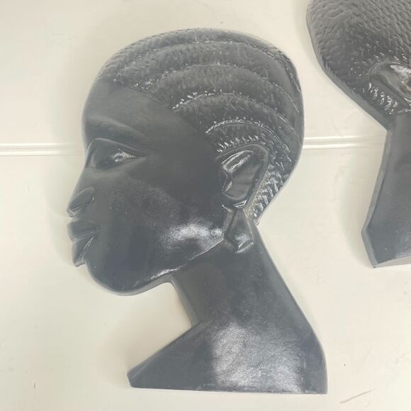 African Wall Art Carved Wood Painted‎ Black 7"x4" Ethnic Tribal Sculpture Busts - Picture 4 of 9